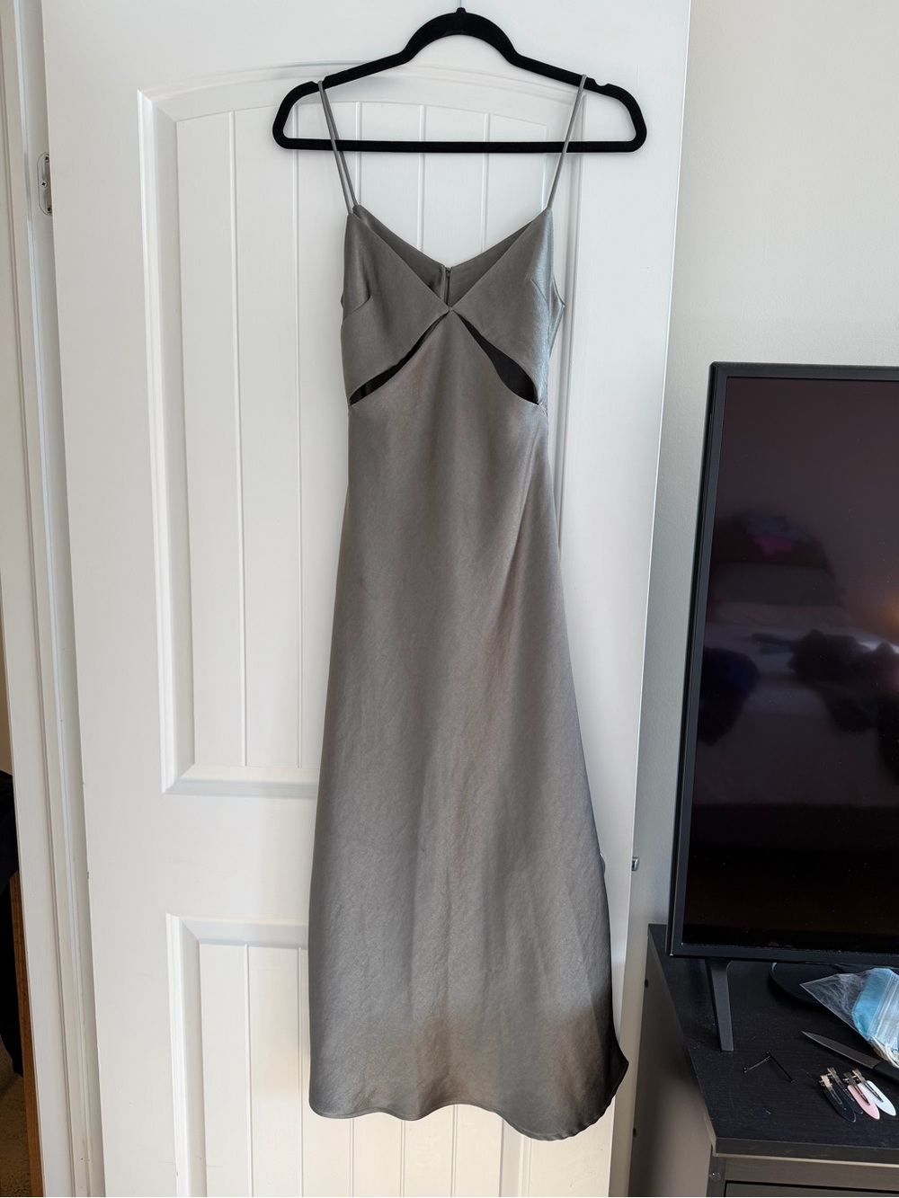 Bec & Bridge Gray Satin Midi Slip Dress with Cutouts